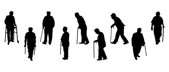 black vector silhouette of a set of an old man walking using a cane aid