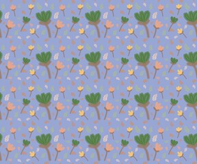 Seamless cute flower mix leaf pattern with violet background