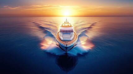 Aerial front view of a sports motorboat speeding over the blue sea at sunset, cutting through the water with dynamic energy.