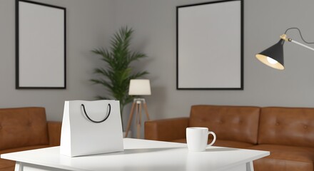 Modern living room mockup with shopping bag