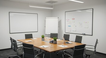 Modern meeting room interior with whiteboards