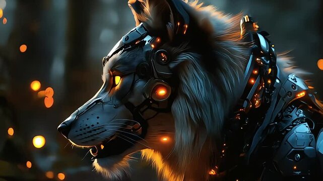 Close-up of a Wolf-Like Creature with Mechanical Armor and Glowing Eyes