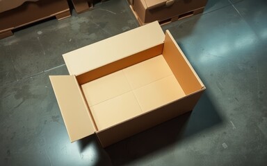 Empty Cardboard Box on Dark Floor, Ready for Shipment, Packaging Supplies