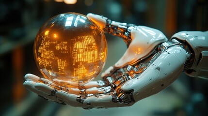 A robotic hand delicately holds an illuminated orb filled with intricate patterns. This represents advanced technology within a contemporary workshop setting, highlighting innovation and design