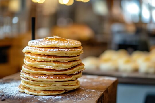 A stack of fluffy pancakes topped with powdered sugar and a drizzle of honey.