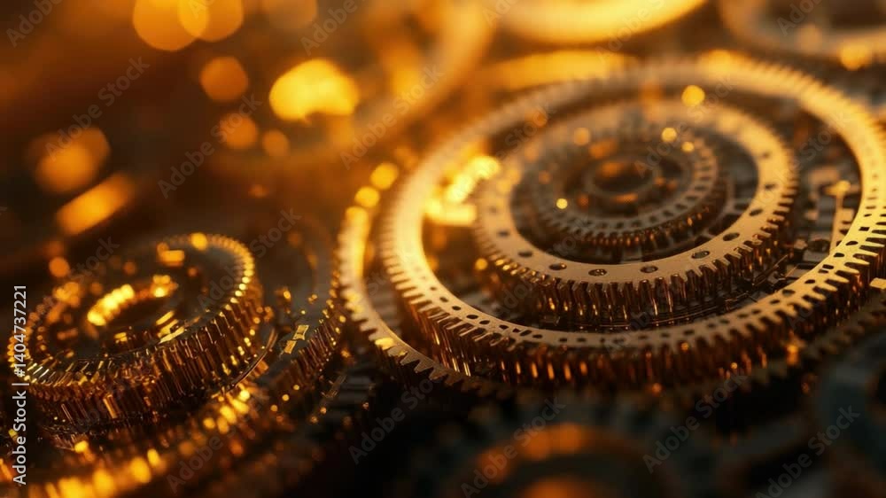 Poster close-up of golden gears with sparkling lights and shiny textures in a mechanical design