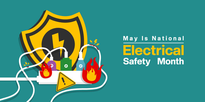 May is National Electrical Month. Shield, cable, flame and more. Great for posters, banners, social media and more. Green background.