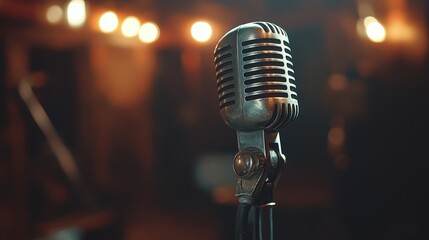 Classic microphone stands on a stage, blurred lights in background. Great for music posters, theater, or vintage-themed designs.