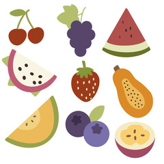 A charming and colorful vector illustration showcasing nine distinct and popular fruits. Each fruit is depicted in a simple, flat, and slightly cartoonish style with clean lines and bright, appealing.