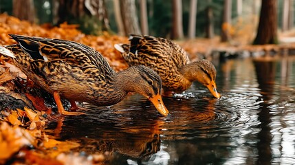 Ducks Drinking Pond Autumn.