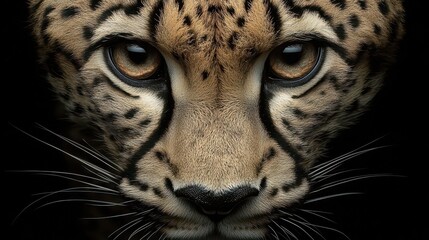 Fototapeta premium Intense Close-up of a Leopard's Face Showcasing Beautiful Spots and Striking Eyes Against a Dark Background