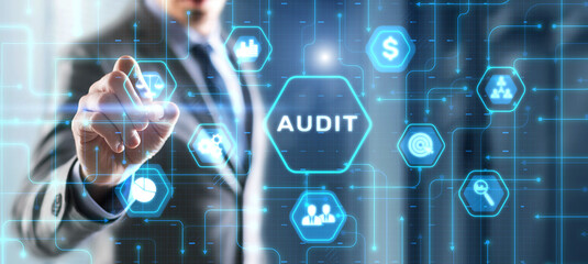 Businessman clicks Audit Auditor Financial service compliance concept