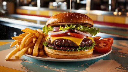 "Classic Cheeseburger with Crispy French Fries on a Plate"

