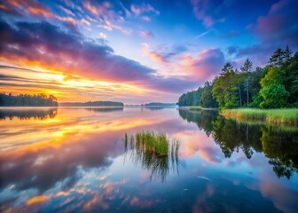 Naklejka premium Sunrise Over Tranquil Lake: A breathtaking sunrise paints the sky with vibrant hues of orange, pink, and purple, casting a serene reflection on the calm waters of a pristine lake.
