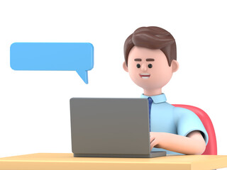 3D illustration of Asian man Felix with laptop.Transparent Background Mockup.Supports PNG files with transparent backgrounds.