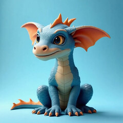A dragon-puppy hybrid with shimmering scales and floppy ears, sitting on air with soft blue backdrop, fantasy pet design