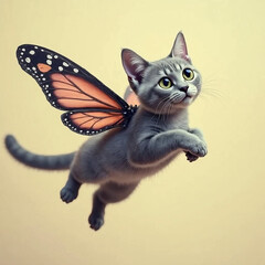 A flying cat with butterfly wings and star-shaped pupils, hovering in front of a cream background, magical and surreal