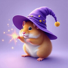 A hamster wearing a wizard hat casting sparkles, floating slightly with a lavender background, fantasy illustration style