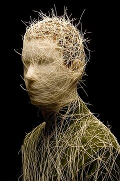 A mannequin wearing a jacket is covered in thin strands. A captivating image of a human-like figure with a face composed of intricate text patterns, exploring the intersection of humanity and technolo