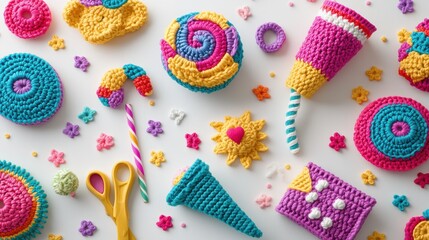 Colorful and Playful Crocheted Treats with Flowers and Scissors on White Background