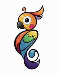 A cute and funny cartoon bird character with a smile holds a flower in a colorful vector illustration