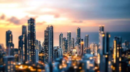 Obraz premium Panoramic Cityscape at Sunset: A Miniature-Effect City View