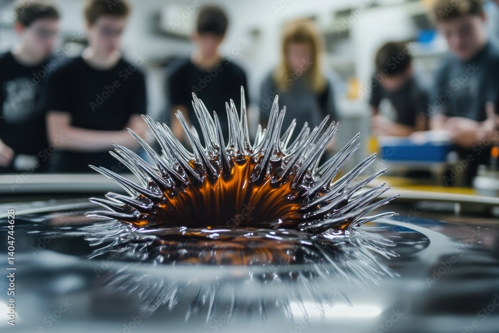 Poster students observe magnetic fluid spikes during an experimental demonstration in a science lab