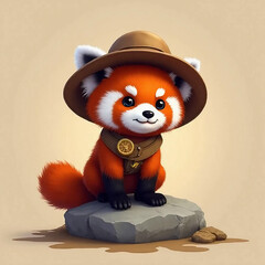 A curious red panda with a tiny explorer hat and glowing compass, sitting on a flat rock, clean beige background