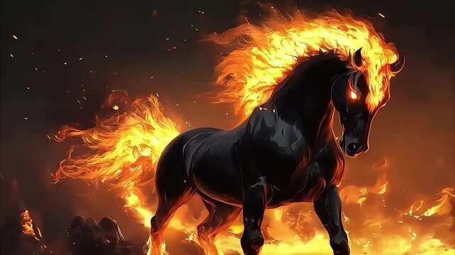 Black Horse Galloping Through Fiery Landscape Fantasy Art