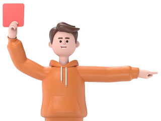 3D illustration of male guy Qadir Referee showing red card and pointing with his index finger.Supports PNG files with transparent backgrounds.