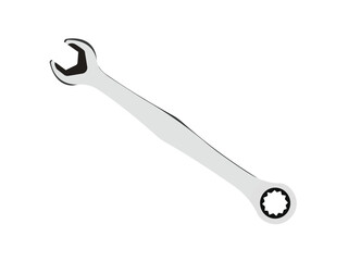 Realistic metal combination wrench with open end and ring spanner isolated on white background