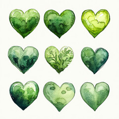 Set of green hearts with leaves in the middle