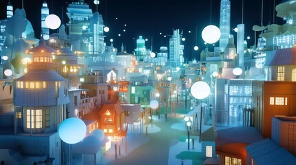 Obraz premium Night cityscape with glowing buildings and floating orbs.