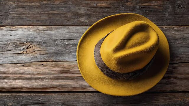 A yellow hat with a dark band rests on a weathered wooden surface. Rustic and textured