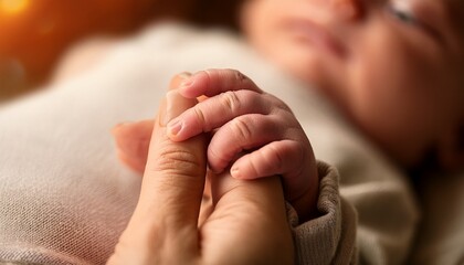 Newborn&rsquo;s tiny hand tightly grasping parent&rsquo;s finger in intimate close-up, set against a warm, softly blurred background capturing tender connection