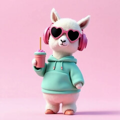 3D flat plastic render of a fluffy pastel alpaca with no fur texture, wearing oversized headphones, a mint hoodie, and heart-shaped sunglasses, holding a smoothie cup