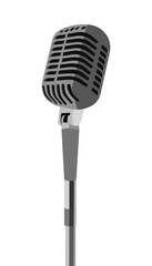Vintage style dynamic microphone with stand isolated on white background for music or podcast