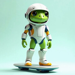 3D flat plastic render of a green frog in a futuristic white racing suit, with orange and blue accents