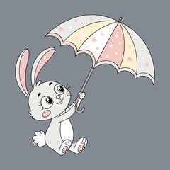 A cute rabbit is flying while holding an umbrella