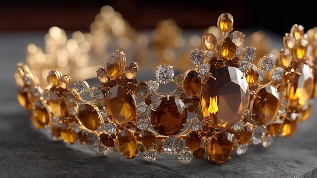 Glistening golden crown. Jewels sparkle and stones are a mix of dark honey and clear tones. Royalty and extravagance reign supreme