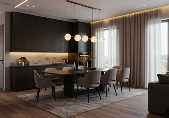 Fototapeta premium Luxurious minimalist dining room with polished stone table and warm lighting