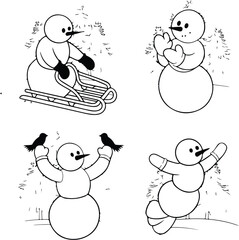 Joyful Snowmen Line Drawing | Winter Silhouette Clipart Set Cute Snowman Outline Sketch | Christmas Snow Silhouette Set