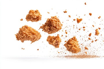 Fried chicken pieces floating on white background