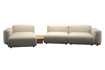 Beige sectional sofa with a wooden table.
