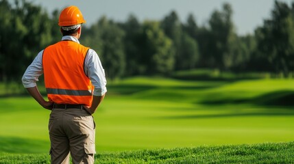 A man wearing safety gear looking out over a vibrant green landscape. Ideal for construction, landscaping, or environmental project concepts.