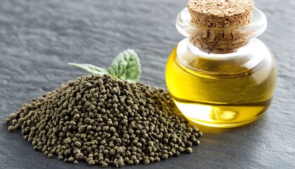 Herbal oil and tea seeds on stone