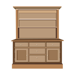 Classic wooden hutch cabinet with shelves and drawers in brown tones for kitchen or dining room
