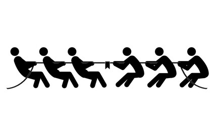 Set of stick figures tug of war on a white background. Flat style, vector illustration.