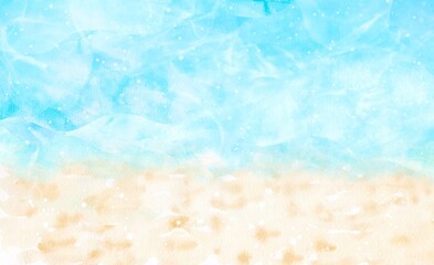 キラキラした海と砂浜の風景。波打ち際の水彩画。