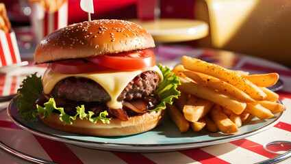 "Delicious Fast Food Cheeseburger with Golden Fries"

